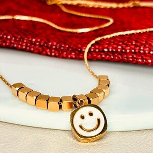 Gold Smiley Face Mother of Pearl Pendant Beaded Dainty Necklace
